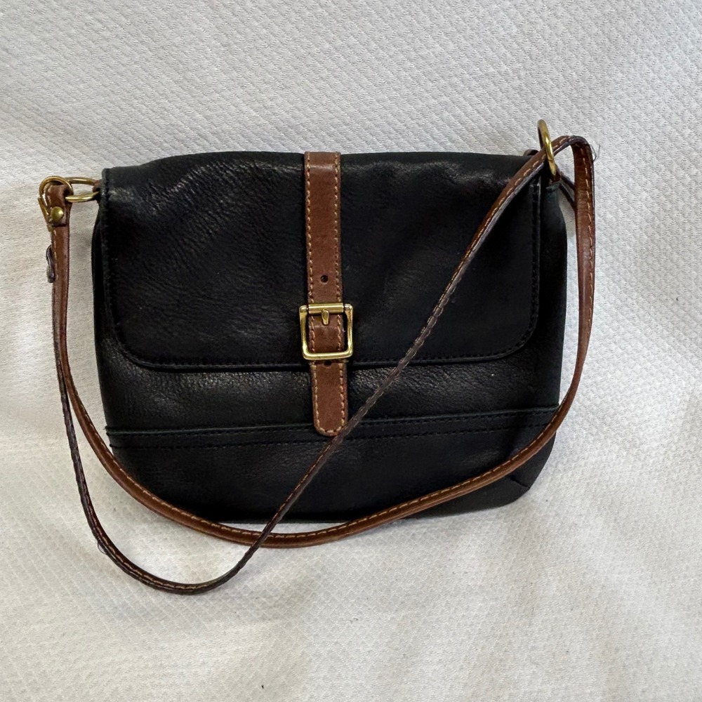 Fossil Black Leather Crossbody Bag Brown Trim SHB1045 Buckle Flap Purse